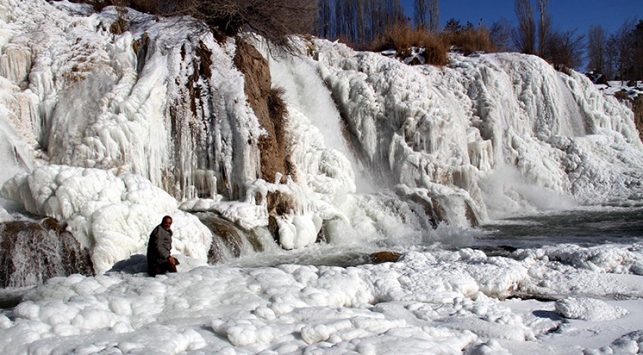 Muradiye Şelalesi buzla kaplandı
